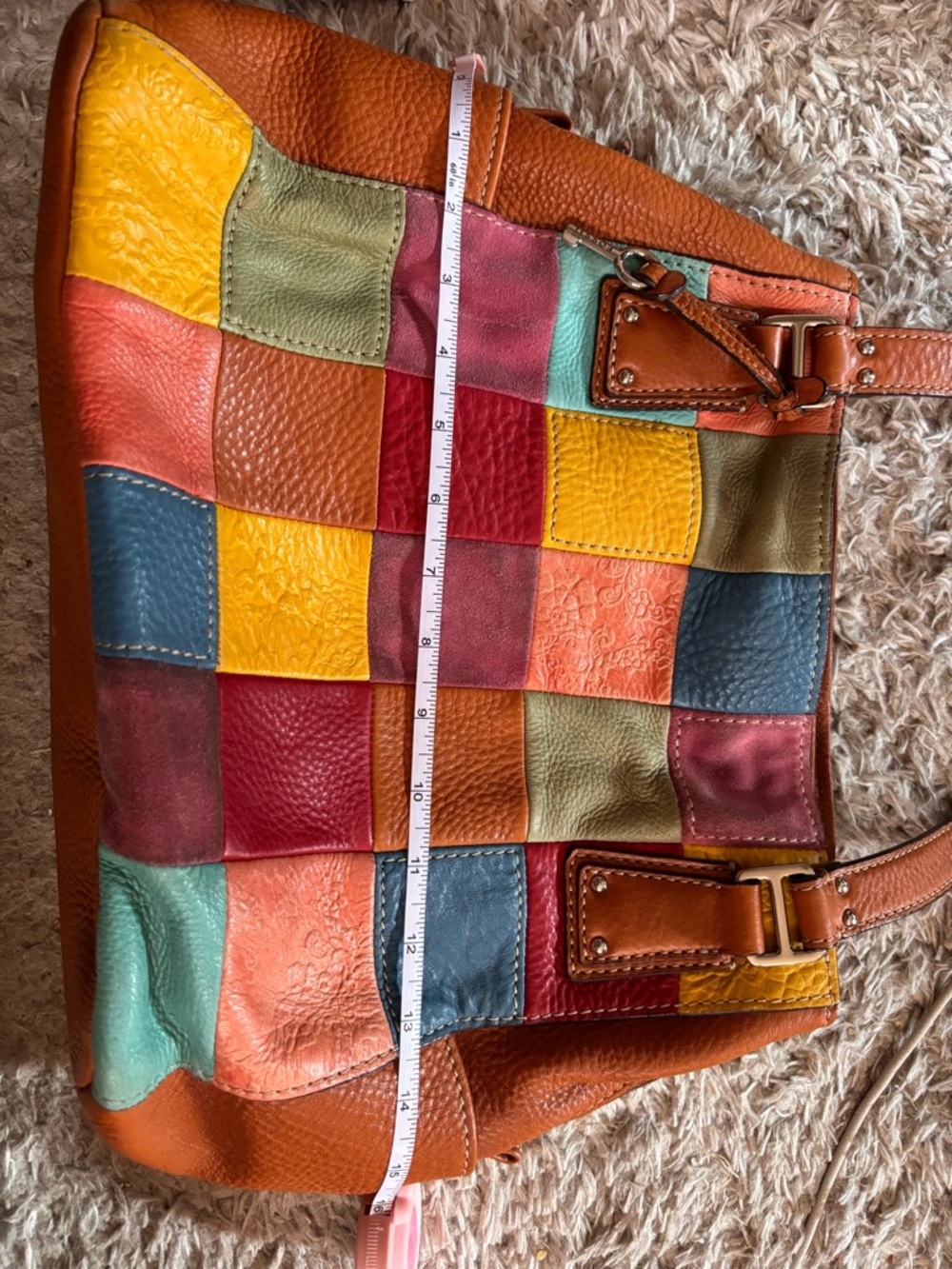 Fossil Multicolor Patchwork Leather Tote Bag - Brown Trim - Picture 6 of 9